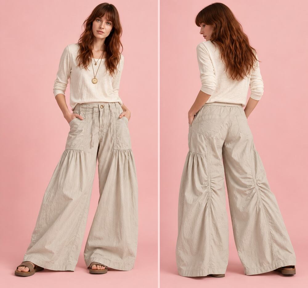 Cotton Wide Leg Tan Pants Womens Size XL Boho Utility Flowy Gathering Drawstring